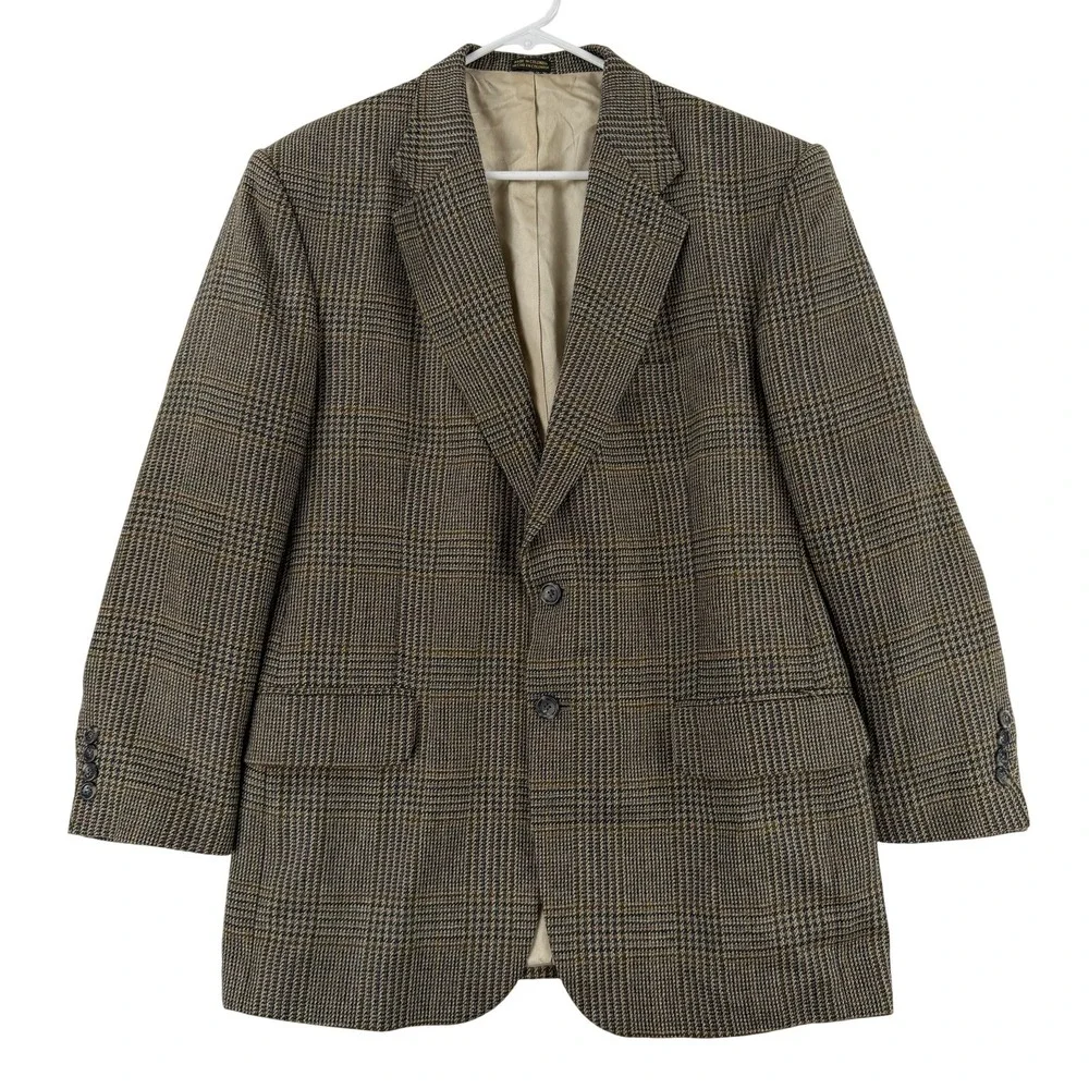 Stafford Sport Coat Mens 42R Brown Plaid‎ Lana Wool Tweed 2 Button Jacket